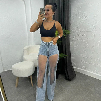 Women Fashion See Trough Jeans Y2k Pockets Pants Vintage Mesh Hollow Sheer High Waist Trousers Girls Straight Wide Leg Bottoms