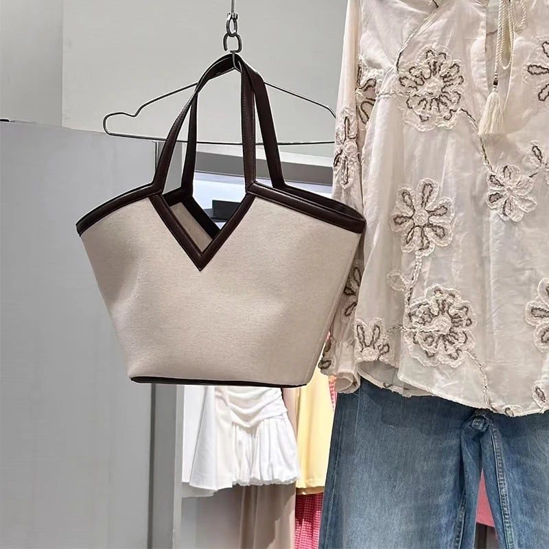 Fashion Brand Designer Tote Bags Light Luxury High-end V-shaped Handbag Simple Versatile Canvas Bag Large Capacity Shoulder Bags