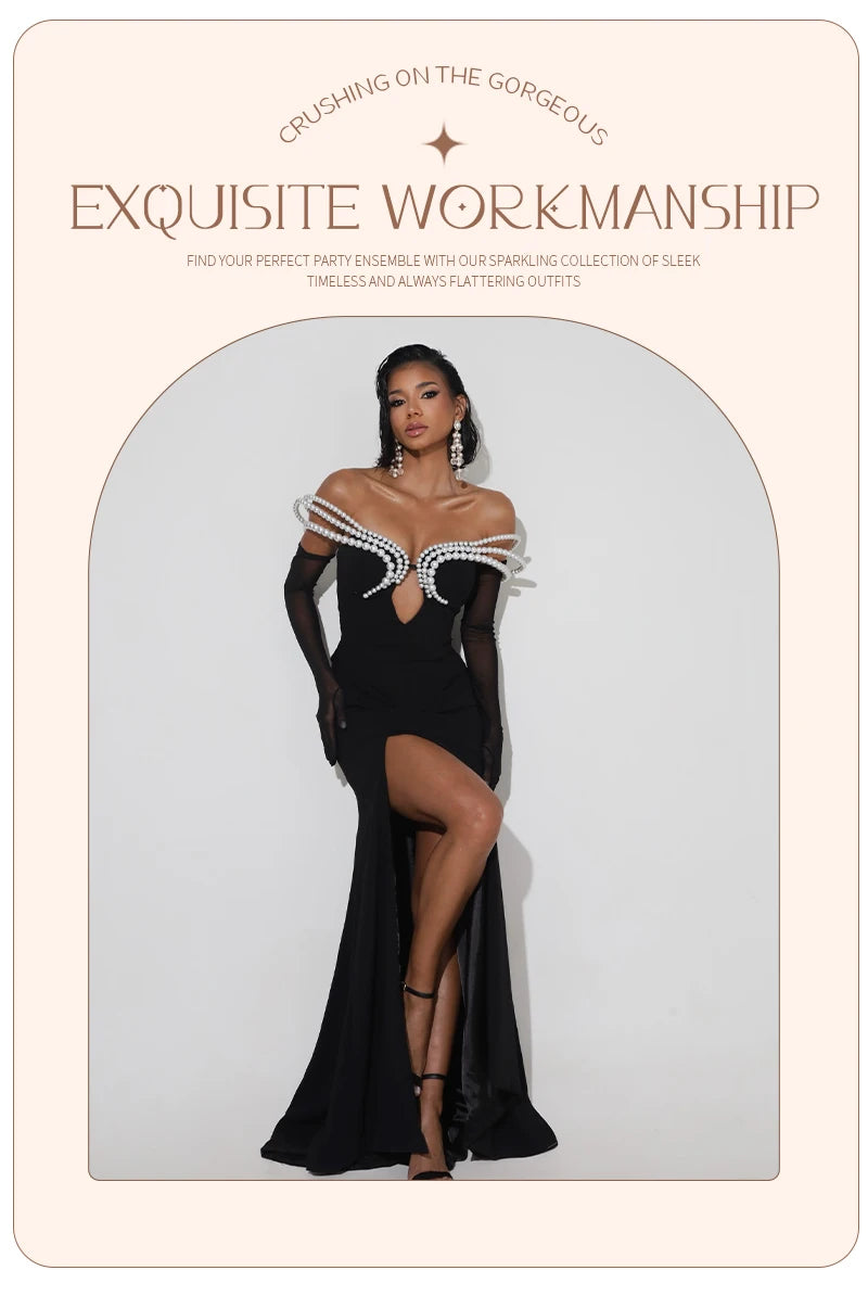 Women's Elegant Black Off-Shoulder Evening Dresses with Pearl Embellishment and High Slit for Formal Events & Weddings Vestidos
