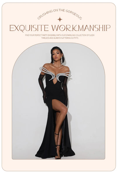 Women's Elegant Black Off-Shoulder Evening Dresses with Pearl Embellishment and High Slit for Formal Events & Weddings Vestidos