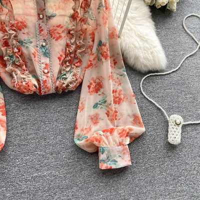 Women Ruffles Lace Floral Print Retro Elegant Button Shirts Summer Fashion Sweet Chic Stand Collar Long Sleeve Blouse Loose Tops