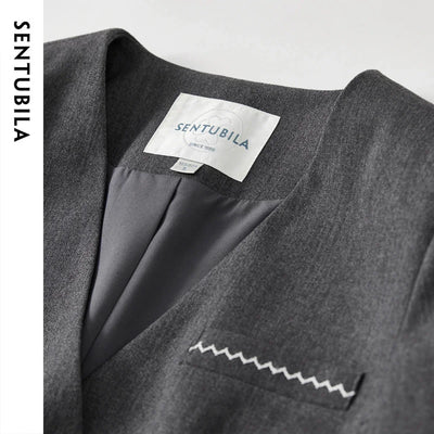 SENTUBILA Two Piece Skirt Sets Women Outfits 2025 Spring Office Ladies V Neck Grey Blazer Jackets Straight Slit Skirt 143Z56241