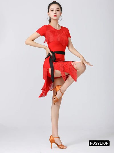 Women Latin Dance Outfit for Female Adults High End Slim Short Sleeve Tassel Split Dress Purple Red Sexy Practice Dance Clothing