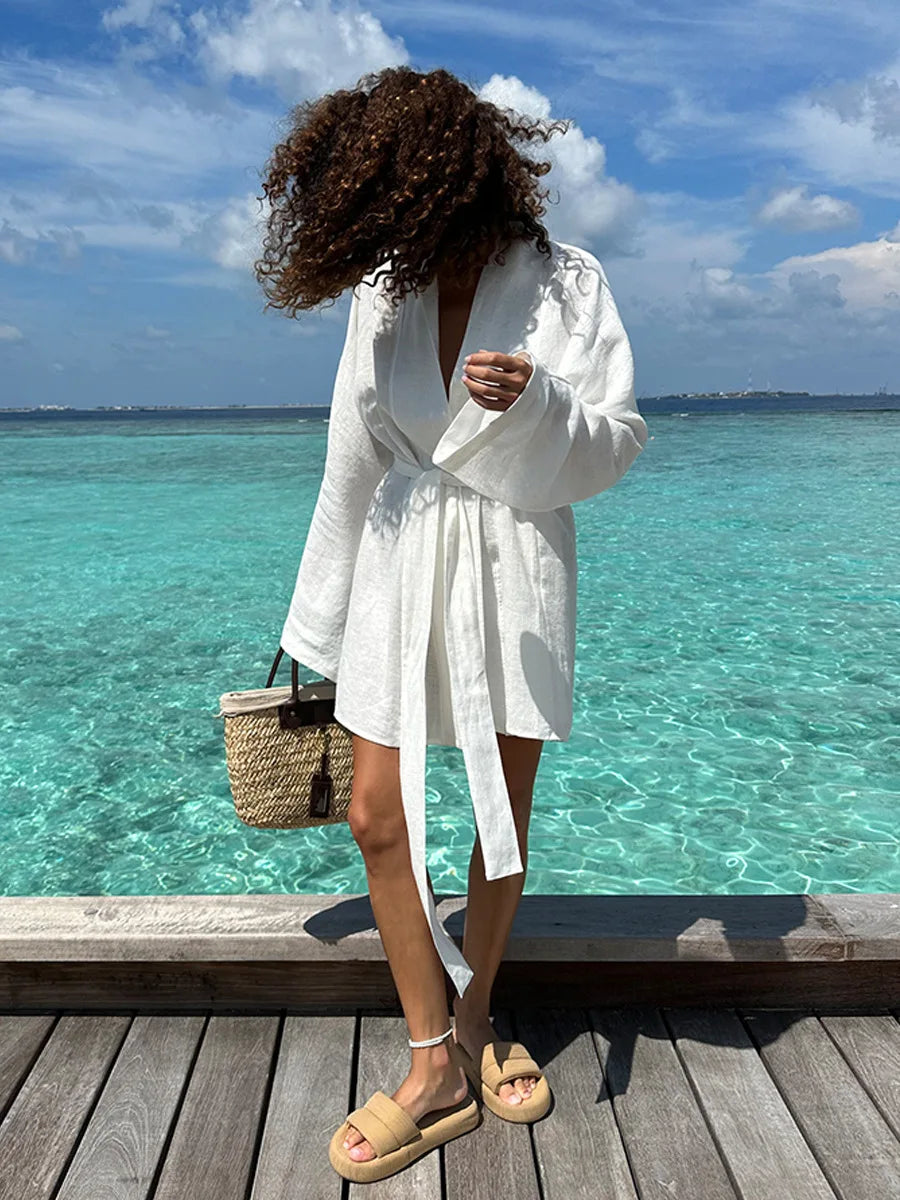 Elegant Cotton Linen V-neck Beach Dress 2025 Spring and Summer Women Fashion Soft Comfortable Loose Lace Vacation Casual Dress