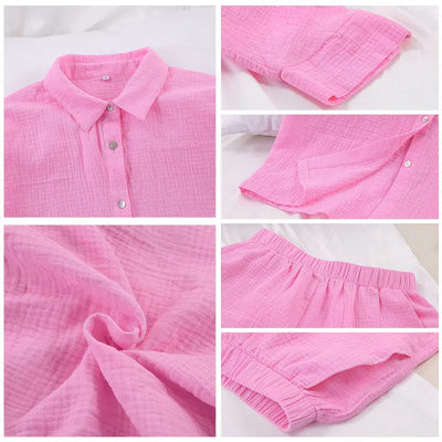 Women's Nightwear Cotton Lounge Pajama Set Long Sleeve Lapel Neck Top With Shorts Two Piece Sleepwear Summer Casual Loungewear
