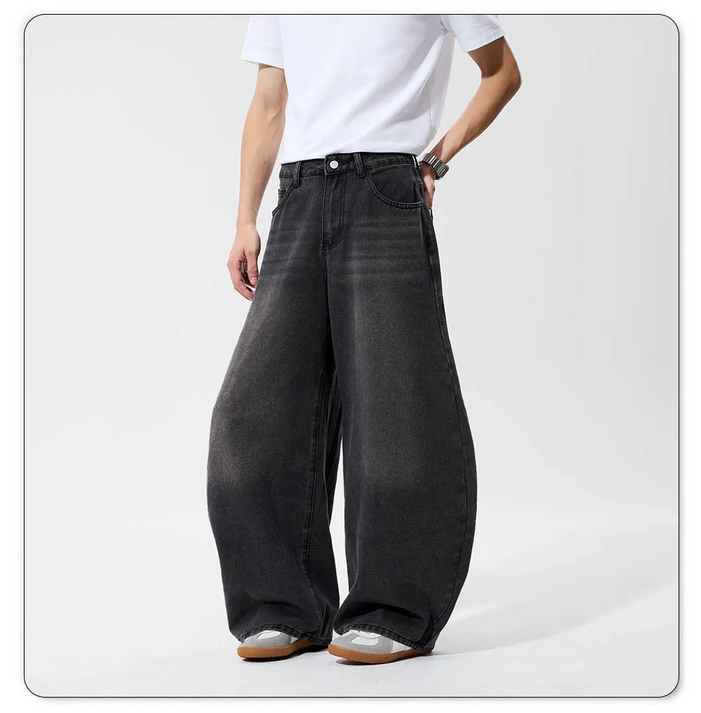 2025 Autumn Men's Retro Grey Black Loose Wide Leg Jeans American Street Baggy Goth Pants Man Designer Jeans Y2K Denim Pants