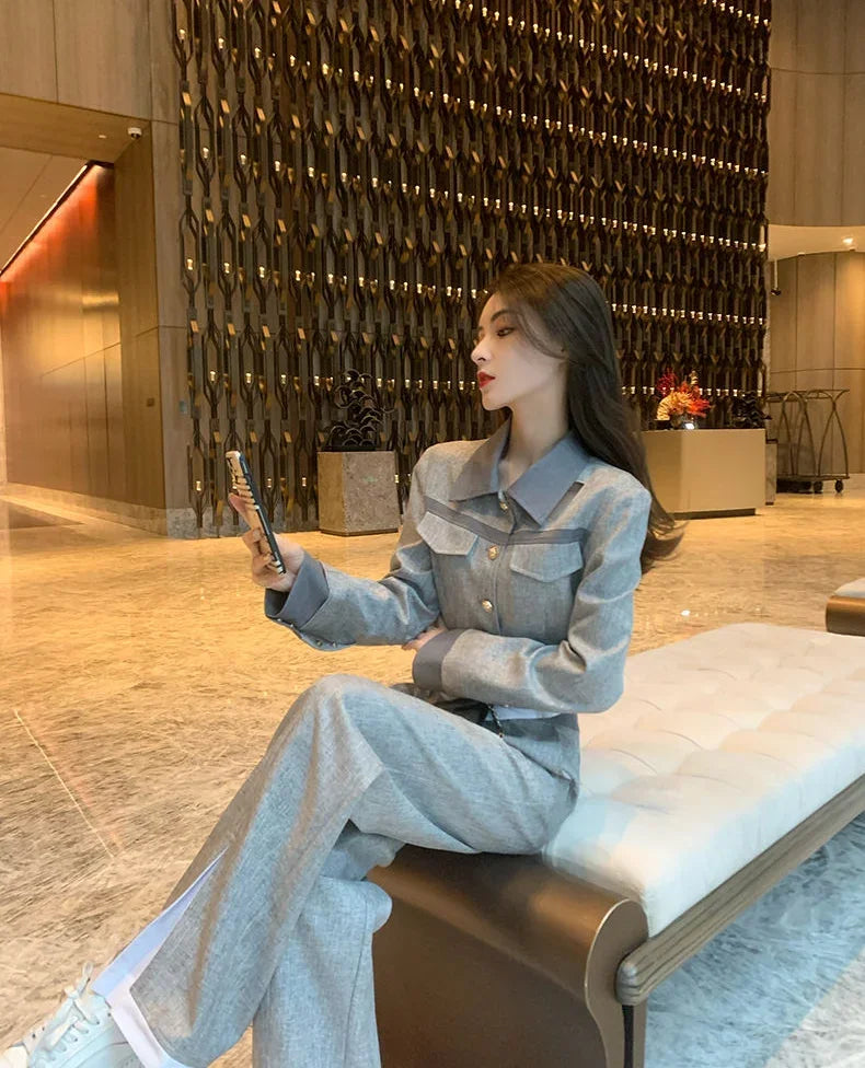 Trousers Woman Office Grey Wear To Work Top and Pant Sets for Women 2 Pieces Professional Spring Autumn Korean Style Luxury Full