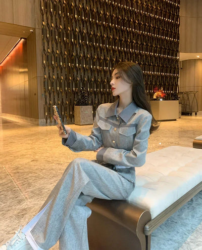 Trousers Woman Office Grey Wear To Work Top and Pant Sets for Women 2 Pieces Professional Spring Autumn Korean Style Luxury Full