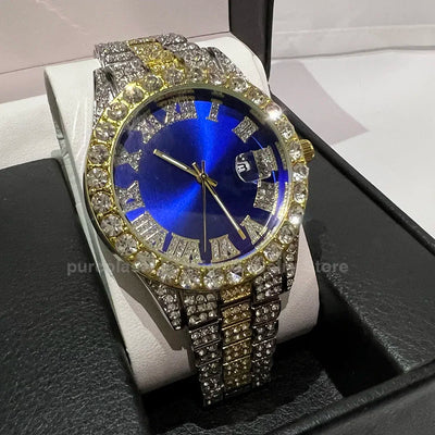 Personalized Hip Hop Watch with Shiny Rhinestones for Men, Luxury Clock, Band Length, Iced Steel Belt, 40mm Diameter Glass Dial