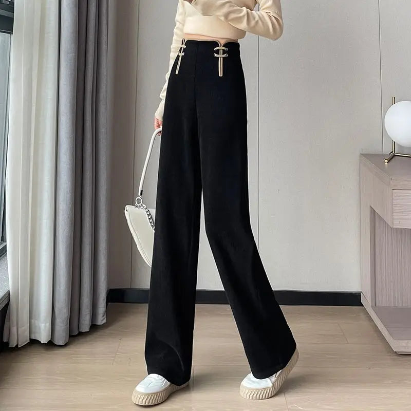 Women's Wide-leg Pants Autumn Winter Trousers New Chinese Style Folding High Waist Drooping Casual