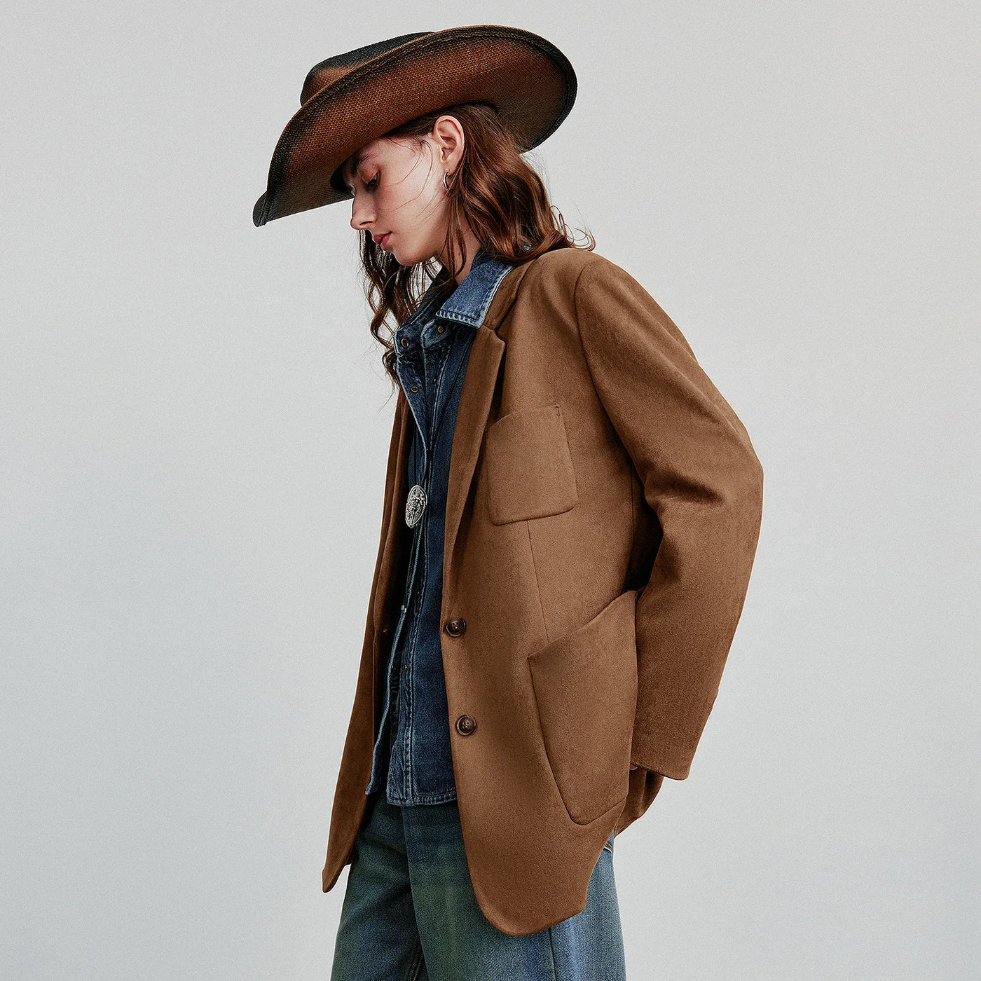 TOYOUTH Women Blazer 2025 Autumn New Barn Style Retro Brown Suede Lightweight Lapel Collar Single Breasted Button Suit Coat