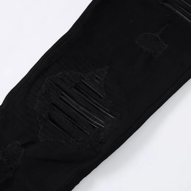 Fashion Designer Men Jeans High Quality Black Stretch Skinny Fit Leather Patched Ripped Jeans Men Y2K Brand Hip Hop Denim Pants