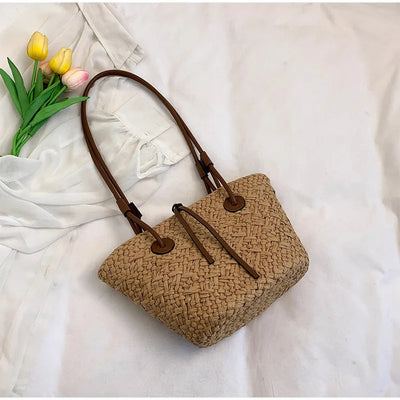 Designer Bohemian Chic Shoulder Bag,Solid Color Large Capacity Straw Woven Tote Bag,Nature-Inspired Beach Vacation Women Handbag
