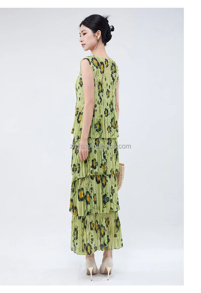 Women Dresses For Summer 2025 Miyake Pleated Dress Summer Fashion Holiday Style Printed Stretch Cake Dress