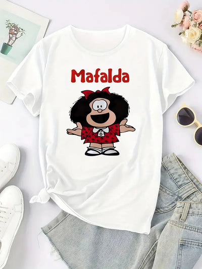 Women'S Casual Crew Neck T-Shirt Blend with Medium Stretch Knit Fabric Short Sleeve Tee with Mafalda Graphic Print for