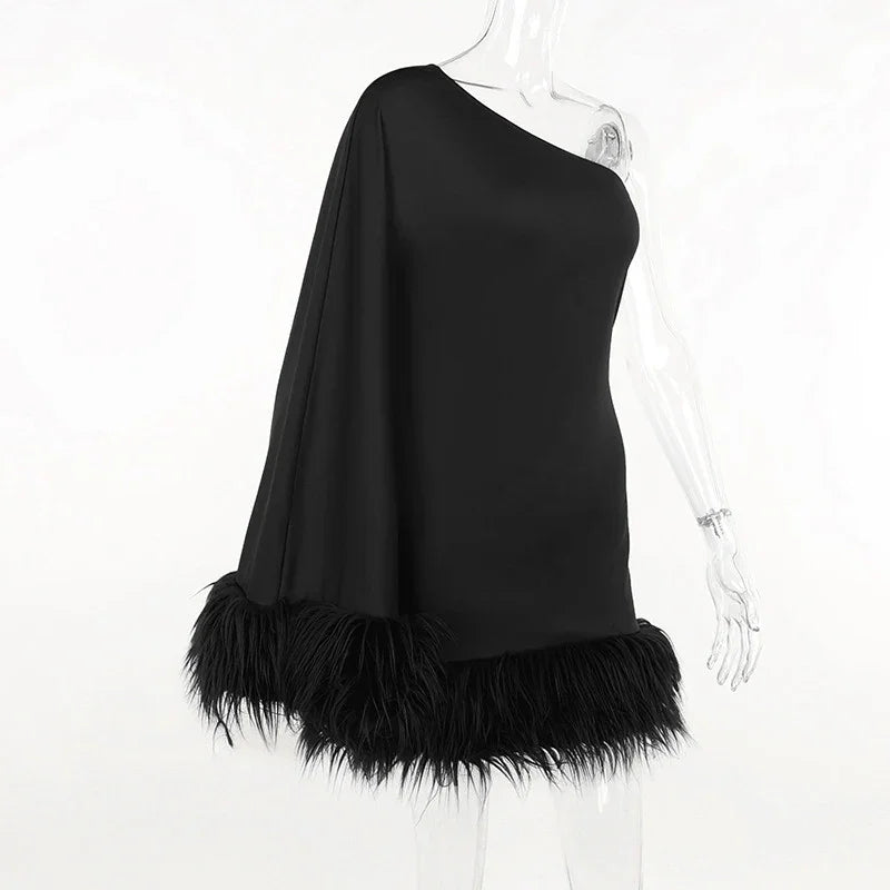 Women Elegant Club Dress Mujer Sexy One Shoulder Sleeve Feather Hem Cloak Dress Autumn Winter Ladies Party Loose Backless Dress