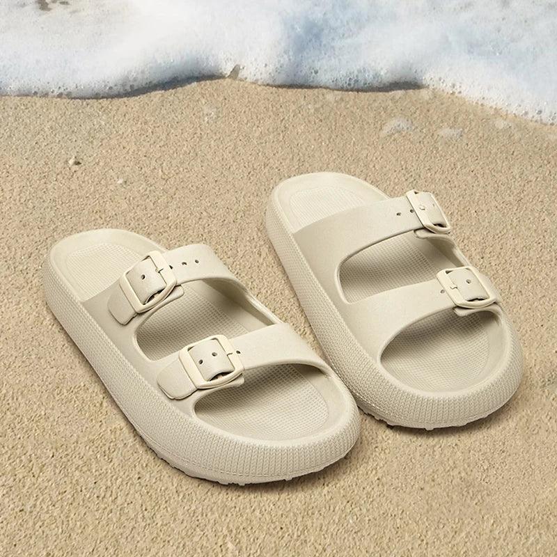 Women's Slippers Fashion Thick Sole Double Buckle Sandals Men Pool Beach Garden Quick Dry Open Toe Indoor Outdoor Shoes