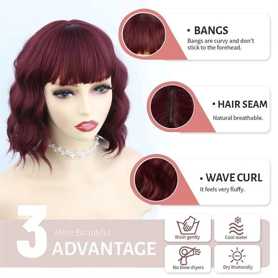Short Wavy Bob Wigs with Bangs for Women Short Bob Curly Wig Synthetic Hair Wavy Wigs Heat Resistant Fiber Wig