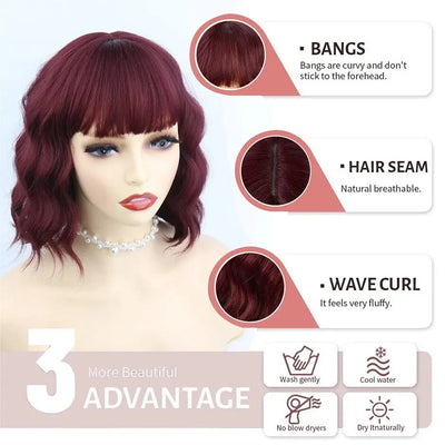 Short Wavy Bob Wigs with Bangs for Women Short Bob Curly Wig Synthetic Hair Wavy Wigs Heat Resistant Fiber Wig
