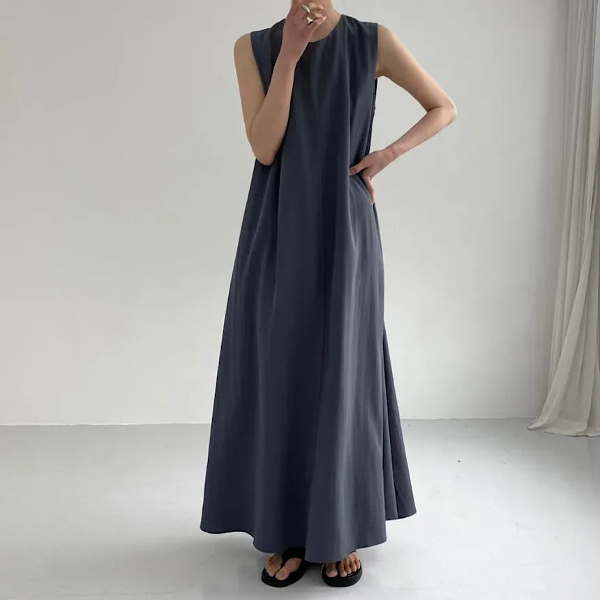REALEFT Summer Women Maxi Dress 2024 New Solid Color Elegant Pockets Loose Waist Sleeveless Casual Summer Dresses Female