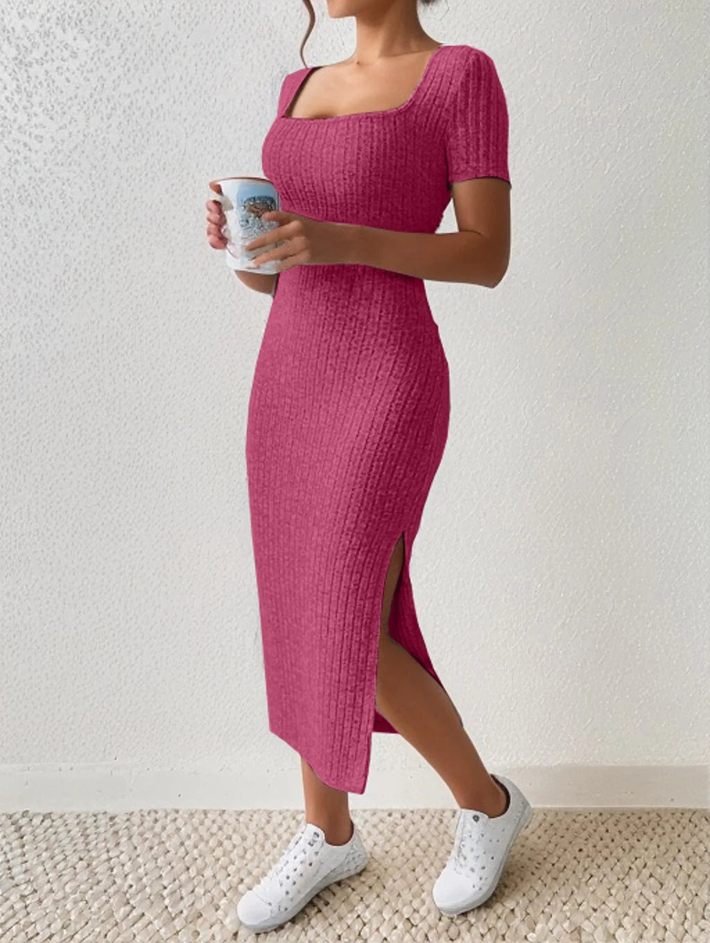 Summer Dresses for Women square neck hip-covering mid-length skirt short-sleeved versatile knitted slit dress