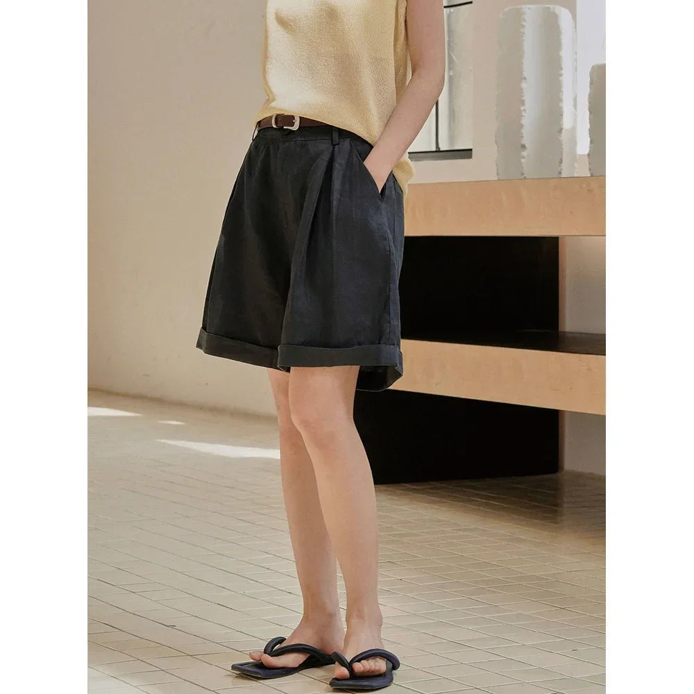 Summer Korea Style Lazy Linen Curled Bermuda Shorts Wide Leg Loose Slim Casual Hot Pants For Women