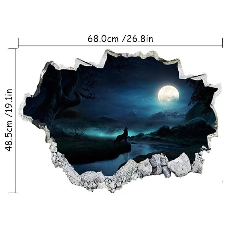 3D Broken Wall Hole Art Moon Night Wolf Howls Vinyl Mural Stickers Room Decorations for Home Items Self Adhesive Animal Poster