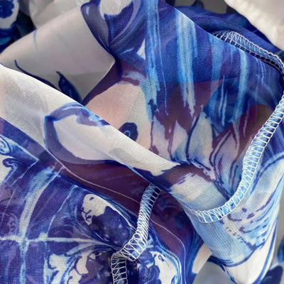 Women Maxi Chiffon Dress Summer Bohemian Rabbits Flower Porcelain Print Clothing Floor Length Flare Sleeve Long Vestidos