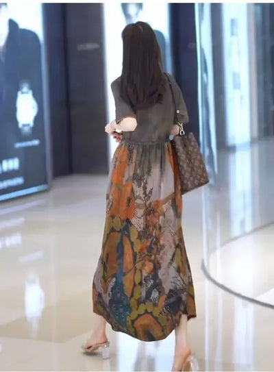 Fashionable Dress for Women 2025 Summer New Retro Drawstring Waist-hugging Long A-line Skirt