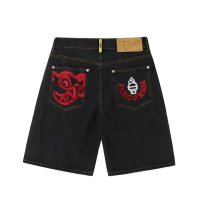 2022 New Summer Denim Shorts For Men Icecream Running Dog Trendy Brand Half Cut Emboridery Logo Unique Punk Mid Waist Jeans