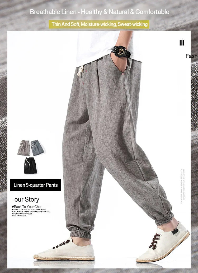 Men's Cotton and Linen Trousers Harem Pants Cuffed Fashion Trousers Linen Slim Pants Beach Pants Joggers Streetwear Loose Pants