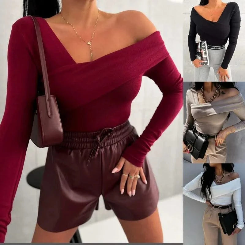 Black Sexy Tops Off Shoulder Long Sleeve T-shirt Women's