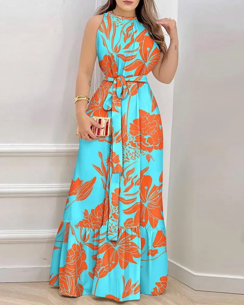2025 Women's Elegant Floral Print Long Dresses Spring Summer Lace up Print Strap Dress Holiday Beach Female Robe Vesido Mujer