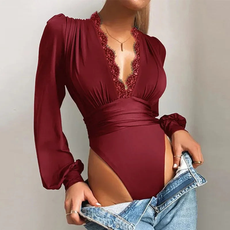 Sexy Lace Applique Long Sleeve Women Bodysuit Mesh Bodysuits Deep V Neck Backless Leotard Tops Female Basic Tops