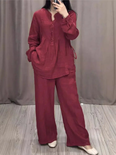 Women's 2 Piece Set Fashion Office Lady Cotton Linen Long-sleeve Casual Loose Wide-leg Pants Suit 2024 Spring Autumn Women Sets