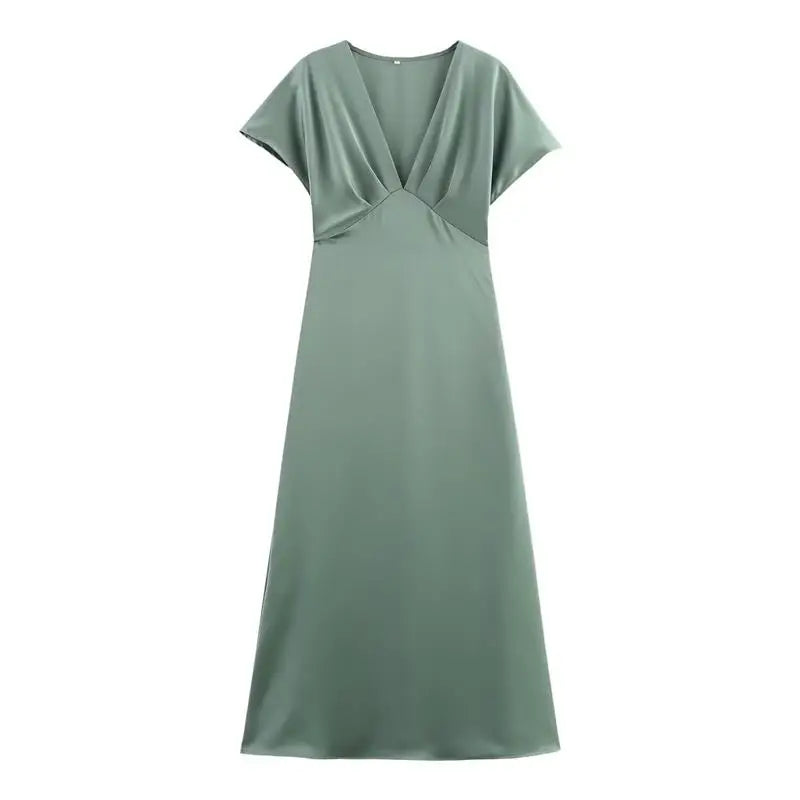 Women's Summer Dress 2025 New Elegant Fashion Slim V-neck Stain Long Dress Women Chic Comfortable Casual Dresses