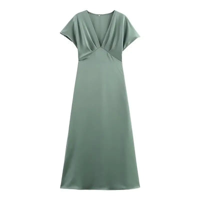 Women's Summer Dress 2025 New Elegant Fashion Slim V-neck Stain Long Dress Women Chic Comfortable Casual Dresses
