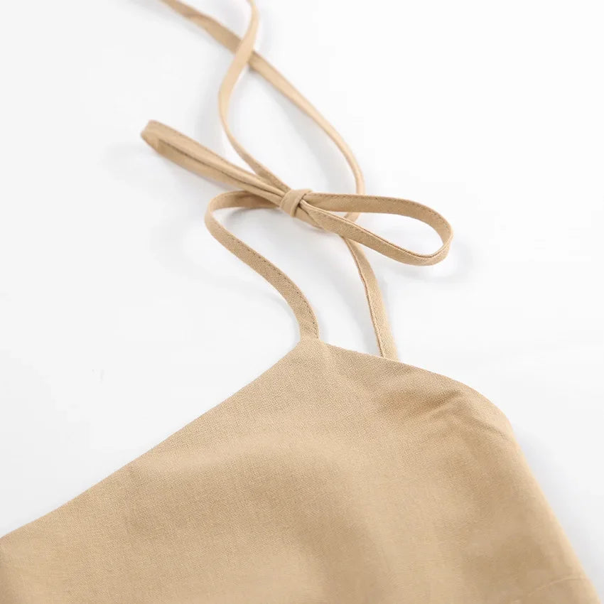 Cotton Linen Solid Color Spaghetti Strap Dresses Women Fashion Leace-up V-neck Backless Beach Vacation Long Dress Female New