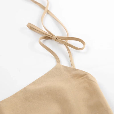 Cotton Linen Solid Color Spaghetti Strap Dresses Women Fashion Leace-up V-neck Backless Beach Vacation Long Dress Female New