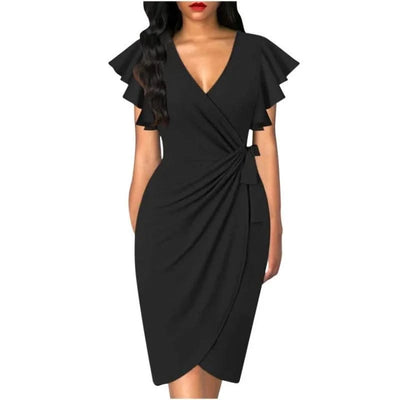 Sexy Summer Dress Cocktail Faux Wrap Deep V Neck Ruffle Sleeve Ruched Party Work Formal Wedding Dresses for Women