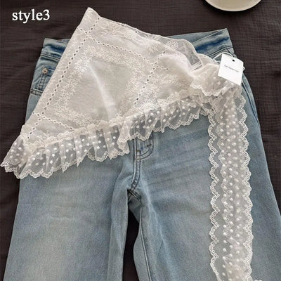 A-line Skirt White Women Lace Skirt Girls Hair Scarf Elegant Hairwrap Y2k Streetwear Ruffle Skirts Lace Up Matching Pants Skirt