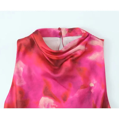Women Printed Satin Midi Dress Spring Caual Women Back Button Sleeveless Dress Elegant Silk texture Female Chic Dress