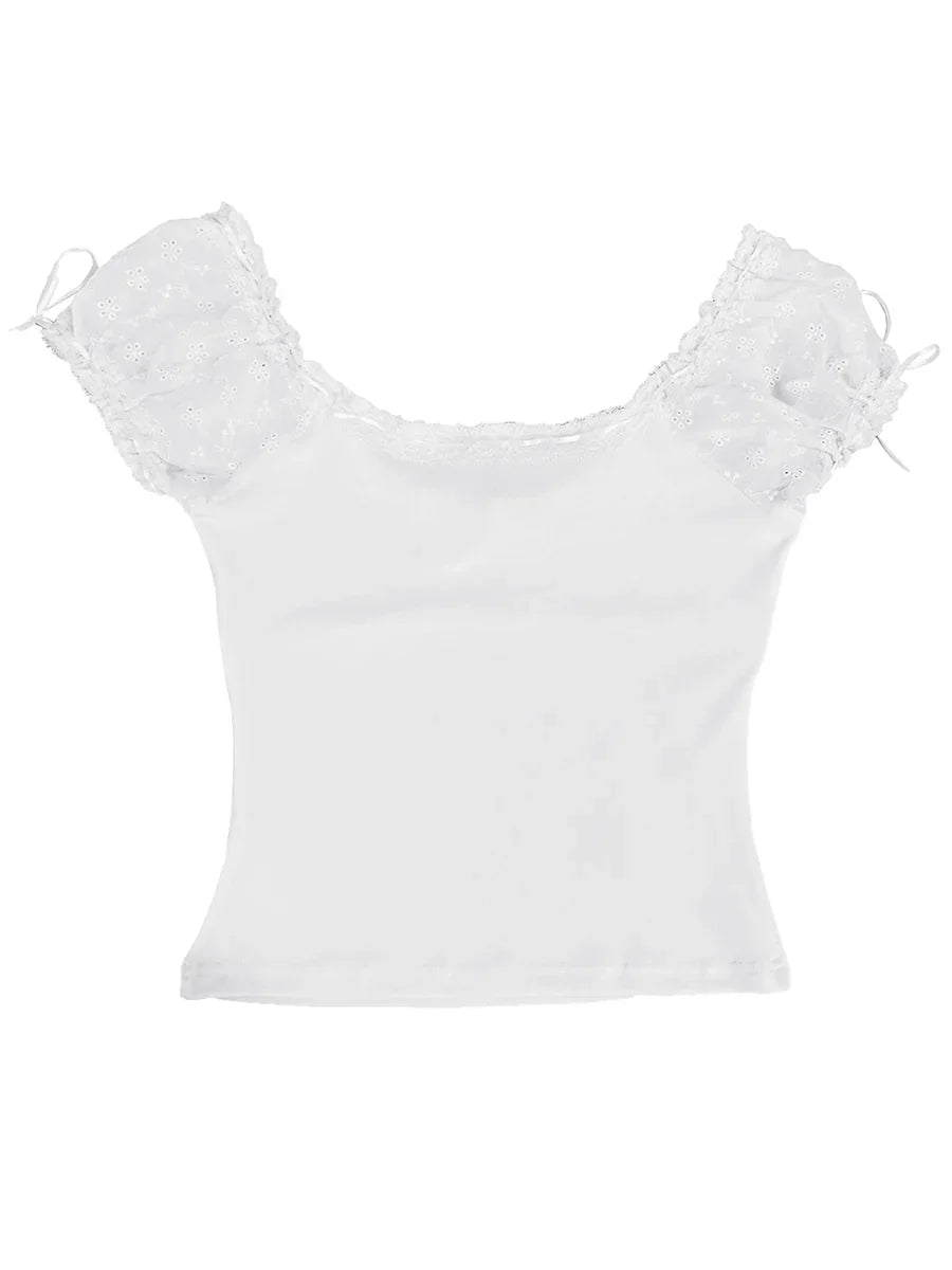Lace Trim T-Shirts For Women Short Sleeve Crop Tops with Bow Sweet Kawaii Y2k Clothes Streetwear