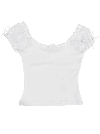 Lace Trim T-Shirts For Women Short Sleeve Crop Tops with Bow Sweet Kawaii Y2k Clothes Streetwear