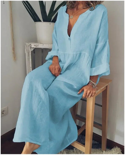 Women's Summer Dress New Long-sleeved V-neck Big Swing Dress Women Dresses for Women 2024 Casual Commuter Office Lady Vestidos