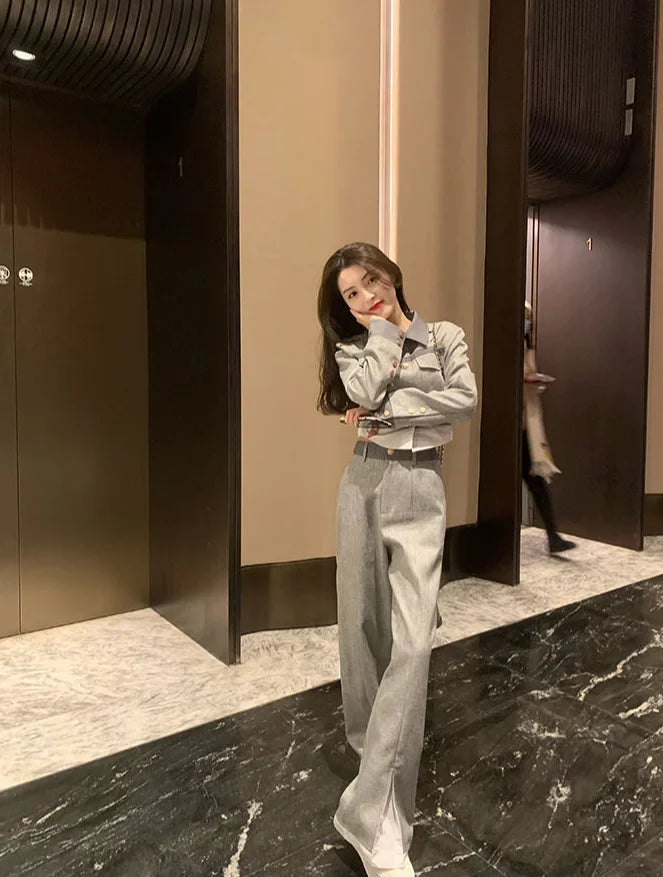 Trousers Woman Office Grey Wear To Work Top and Pant Sets for Women 2 Pieces Professional Spring Autumn Korean Style Luxury Full