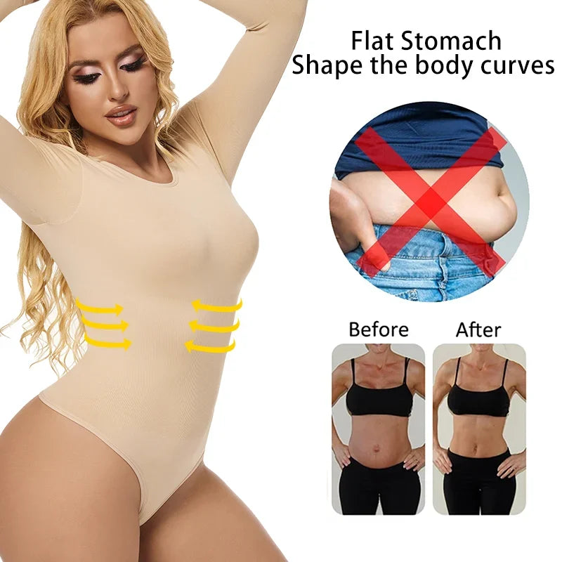 Women Full Body Shaper Long Sleeve Round Neck Shapewear Slimming Breathable Bodysuit Seamless Tummy Control Waist Trainer Corset