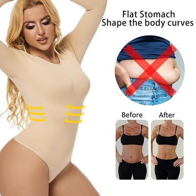 Women Full Body Shaper Long Sleeve Round Neck Shapewear Slimming Breathable Bodysuit Seamless Tummy Control Waist Trainer Corset