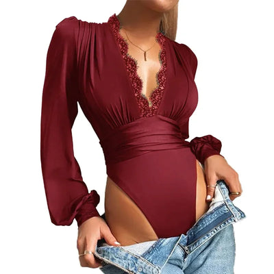 Sexy Lace Applique Long Sleeve Women Bodysuit Mesh Bodysuits Deep V Neck Backless Leotard Tops Female Basic Tops