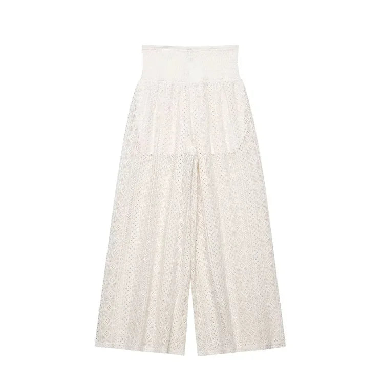 TRAF Women Lace Trousers Embroidery Hollow Out Simple Women's Pants Elastic Waist Loose Pants Female Wide Leg Pants